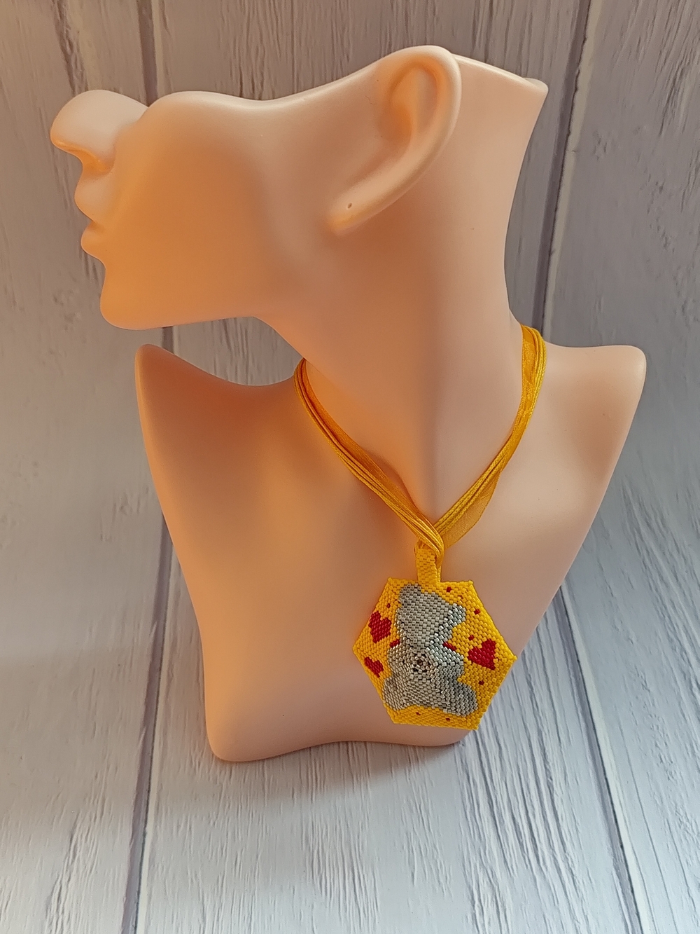 Handmade Beaded  Bear Pendant in Yellow & Red - Picture 12 of 13